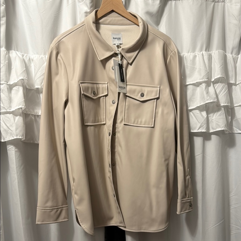 Beige Faux Leather Shirt Jacket